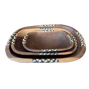 Nested Oval Olive Wood Bowls with Contrast Bone Inlay Handmade in Kenya Set/3